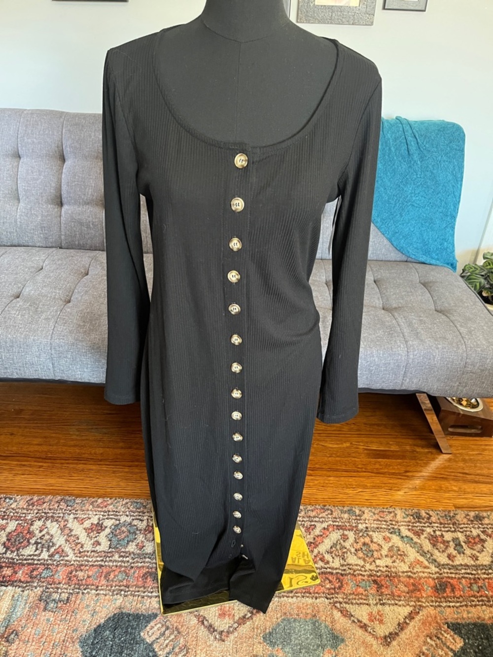 NWT Altar HouseLine PDX Women's Black Long-Sleeve Button-Front Ribbed Dress XL